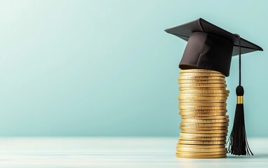 Graduation Cap on Stack of Gold Coins, Symbolizing Education Costs, Student Loans, and Financial Investment in Higher Learning