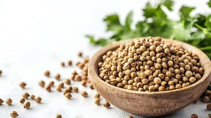 Coriander seeds on white background
