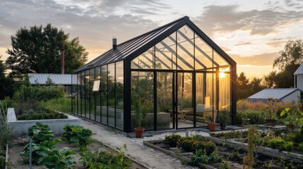 Fototapeta premium A vibrant greenhouse filled with plants, bathed in warm sunlight.