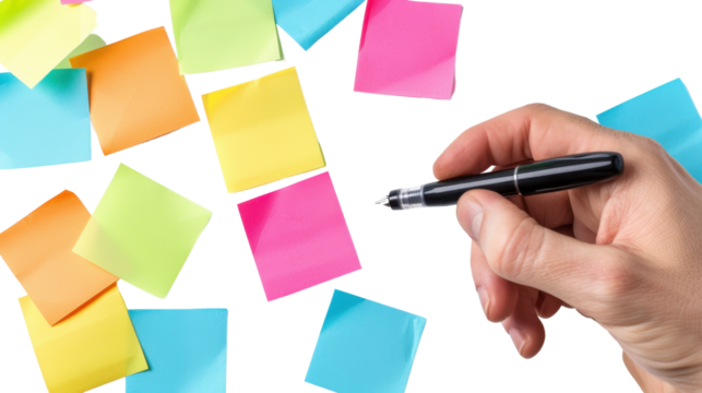 Businessman writing with pen near colorful sticky notes on transparent background