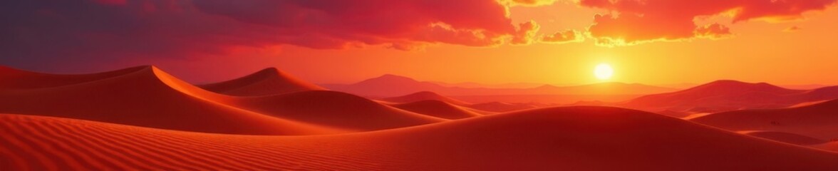 Fototapeta premium Fiery orange and red hues paint the sky above rolling sand dunes, view, dramatic, image