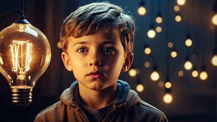 "Boy's Brainstorming Moment: Question Marks and Light Bulb Against a Dark Backdrop"