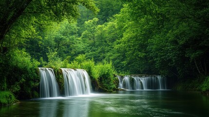 Fototapeta premium Cascading waterfalls create a serene landscape amidst lush, vibrant greenery