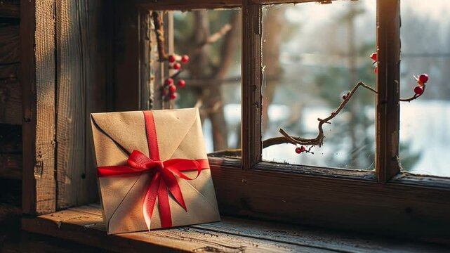 A beautifully wrapped envelope adorned with a red ribbon sits peacefully on a rustic wooden windowsill. Soft winter sunlight filters through the window, highlighting seasonal decorations outside.