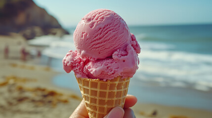 Delicious pink ice cream cone enjoyed at the beach on a sunny day