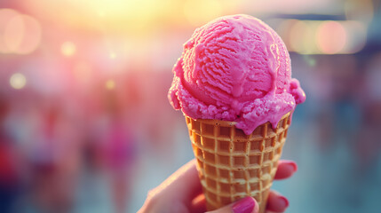 Enjoying a refreshing pink ice cream cone at sunset during a warm summer evening in a vibrant outdoor setting with friends and family