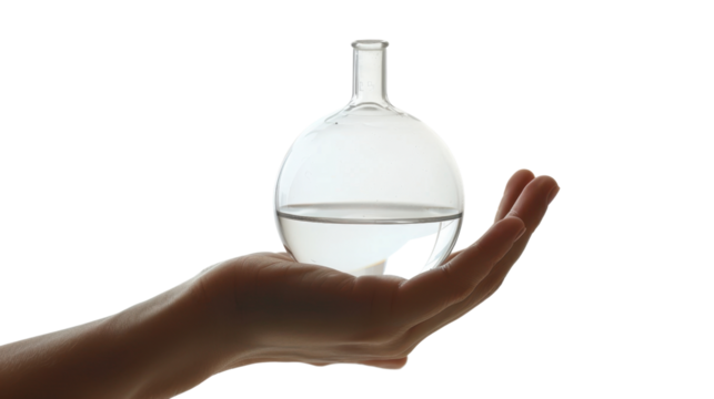 Scientist holding round bottom flask with transparent background