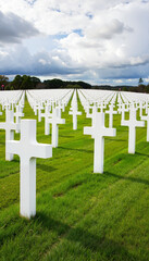 Expansive cemetery with white crosses under partly cloudy sky, remembrance