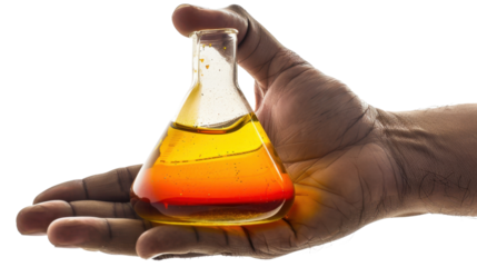 Scientist holding erlenmeyer flask containing yellow and red chemical liquid on transparent background