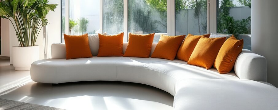 A stylish curved sofa with orange cushions is placed in a bright and spacious lounge area. Large windows allow natural light to fill the room, creating an inviting atmosphere.