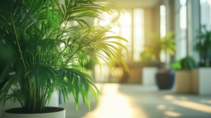 A stylish office space with modern design and green plants, fitting for both corporate and design aesthetics.