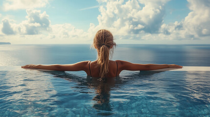 Relaxation by the ocean as a woman enjoys a peaceful moment in an infinity pool overlooking the water and vibrant clouds during sunset