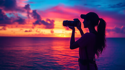 Obraz premium Silhouette of a woman capturing sunset with camera on a beach, showcasing vibrant sky and ocean at twilight
