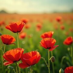 Field of vibrant red poppies swaying gently in breeze, outdoors, grief, botany