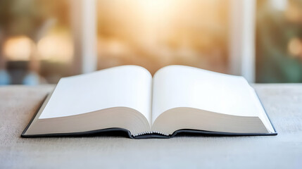 Obraz premium Open Book With Blank White Pages And Black Cover On A Table In Soft Sunlight With Blurred Background