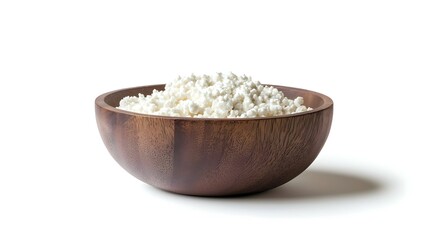Wooden bowl of cottage cheese isolated on white