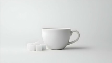 Fototapeta premium White cup with sugar cubes on white background
