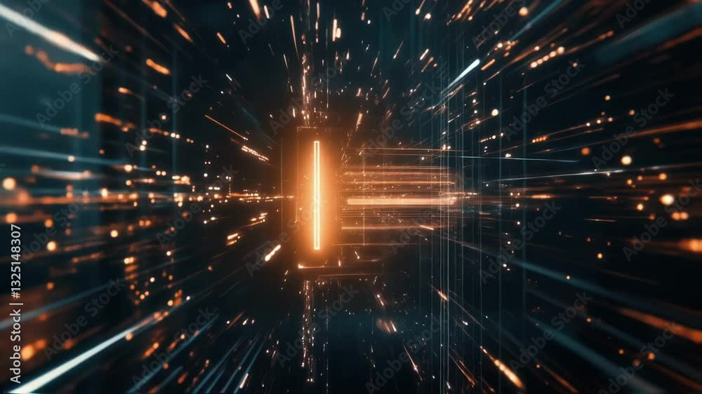 Poster glowing orange light streaks across a dark digital landscape, illustrating an innovative manufacturi