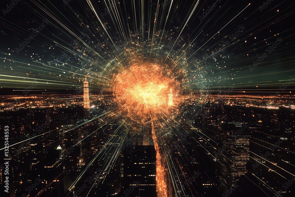 Poster fireworks illuminate the night sky over a city skyline, creating a stunning display at the intersect