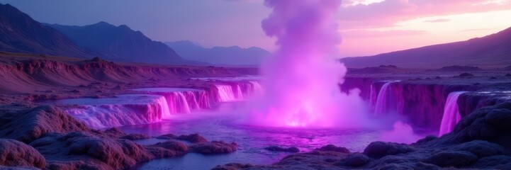 Giant amethyst geysers erupting amidst purple canyons, floating islands, canyon, floating islands, magical