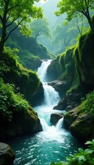 Emerald cascade tumbles over mossy rocks, lush green valley , peace, vibrant, serenity