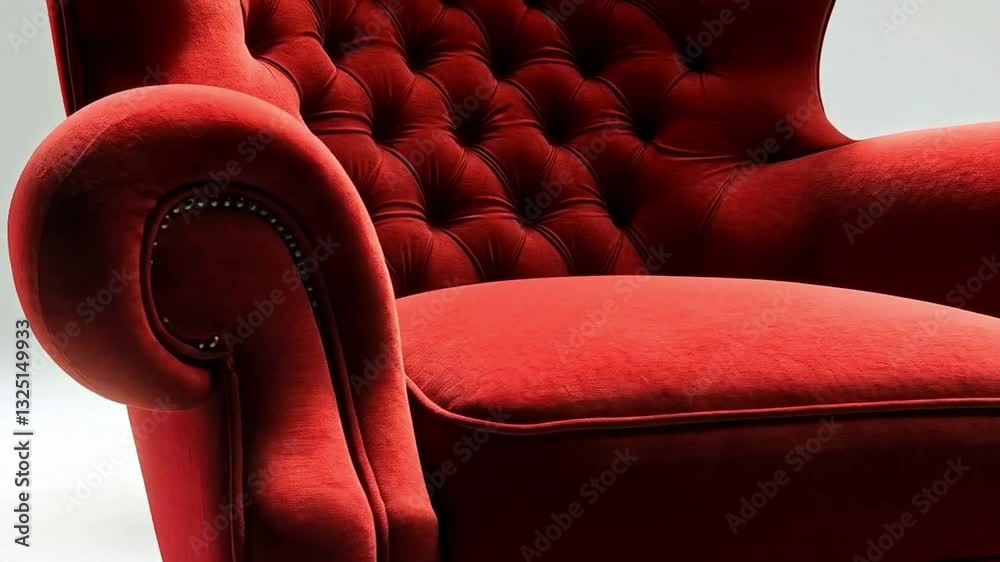 Poster A vibrant red tufted sofa stands out in a minimalist setting. The unique design features smooth curves and traditional legs, creating a striking focal point in any room.
