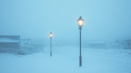 Obraz premium Illuminated street lamps glow through a thick snowy atmospheric haze