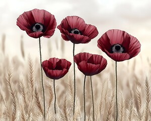 Poppies in Wheat Field for Summer Sunset.