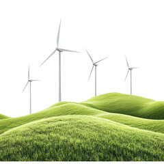 Wind turbines on green field isolated on transparent background