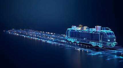 Futuristic Digital Train in Motion with Blue Particles on Dark Background Representing Modern Transportation Technology
