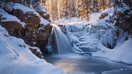 A beautiful snow covered waterfall flows in a winter landscape