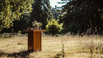 Outdoor serenity: A table setting amidst summer greenery in a sunlit meadow