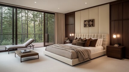 A modern, serene bedroom with soft cream-colored walls and dark cherry wood panels