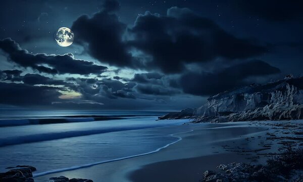 Full moon over ocean beach at night, scenic coastal landscape, peaceful waves