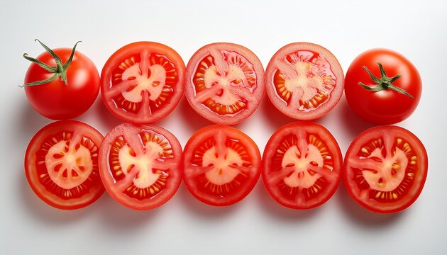 fresh tomato slices arranged on a white background generative ai