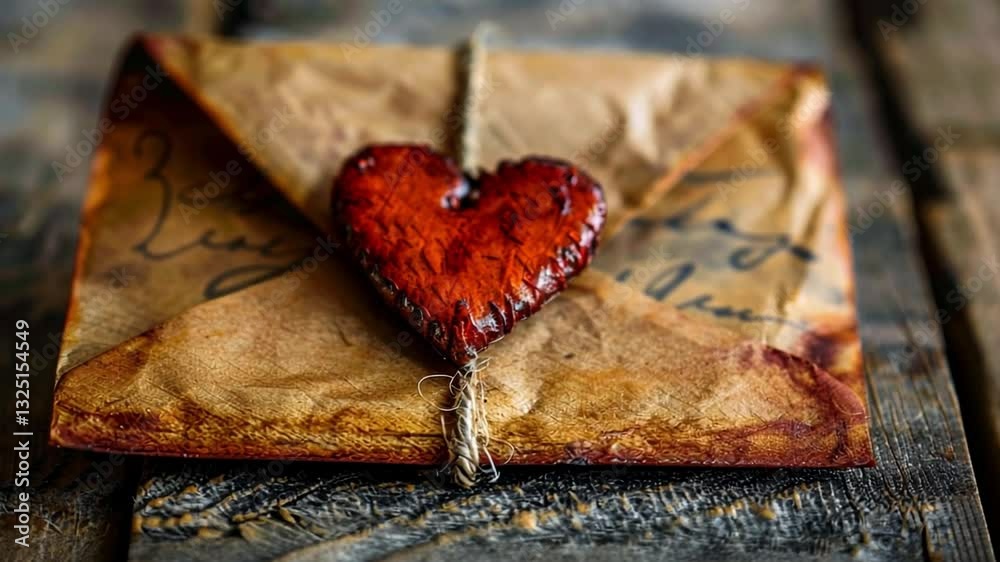 Poster a handcrafted envelope features a heart-shaped wax seal, resting on a rustic wooden table. the surfa