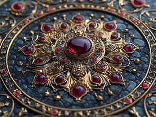 Intricate Golden Design with Red Gem and Ruby Accents

