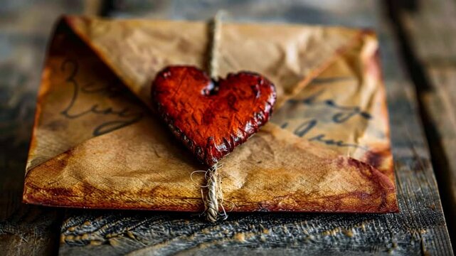 A handcrafted envelope features a heart-shaped wax seal, resting on a rustic wooden table. The surface shows signs of age, enhancing the romantic ambiance of the setting.