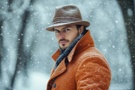 Winter portrait of a man in a stylish orange coat and brown hat surrounded by falling snowflakes in a serene snowy landscape