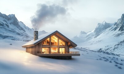 Fototapeta premium Cozy wooden cabin in the snowy mountains, warm lights glowing inside, smoke curling from the chimney, picturesque winter escape,