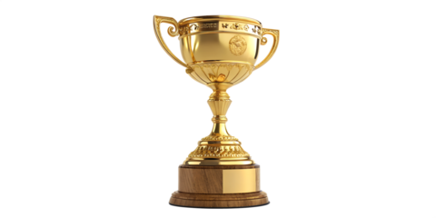 A shiny gold trophy cup, symbolizing victory and first place on a white background