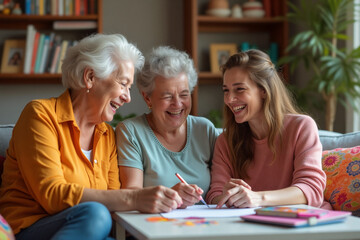 Fototapeta premium Three women enjoy a joyful gathering at home, engaging in a crafting activity, sharing laughter and creativity during a sunny afternoon. Generative AI.