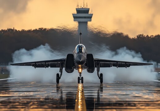 Aviation Dawn: A fighter jet prepares for takeoff on a wet runway at dawn, plumes of vapor billowing behind it, under the watchful gaze of a control tower