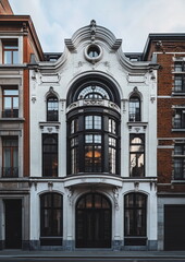 Fototapeta premium Architectural close-up of curved windows and sculpted floral details on a historic European townhouse. Romantic Art Nouveau elegance in urban design.