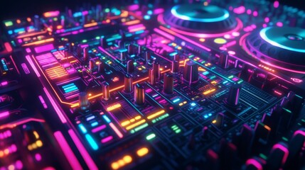 Obraz premium Neon DJ Mixer with Colorful Glowing Controls
