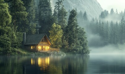 Fototapeta premium Secluded Log Cabin on a Tranquil Lake in a Lush Forest