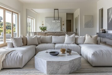 Fototapeta premium A peaceful living room with a large light gray sofa, a marble coffee table, and muted decor accents