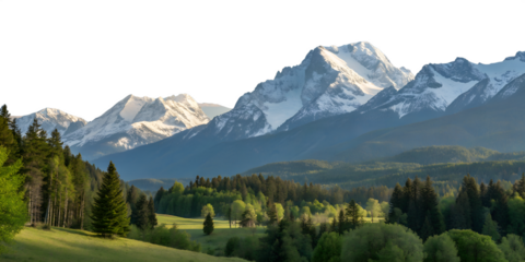 Alpine peaks in summer, a green valley view under a cloudy sky