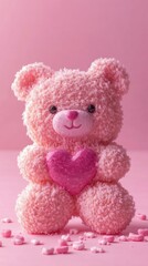 Pink teddy bear-shaped cookie with exaggerated frosting details, holding a candy heart, against a gradient pink background, sweet and funny vibe,