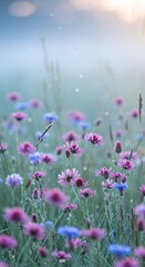 Fototapeta premium Serene wildflower meadow at sunrise with pink cornflowers and gentle morning dew